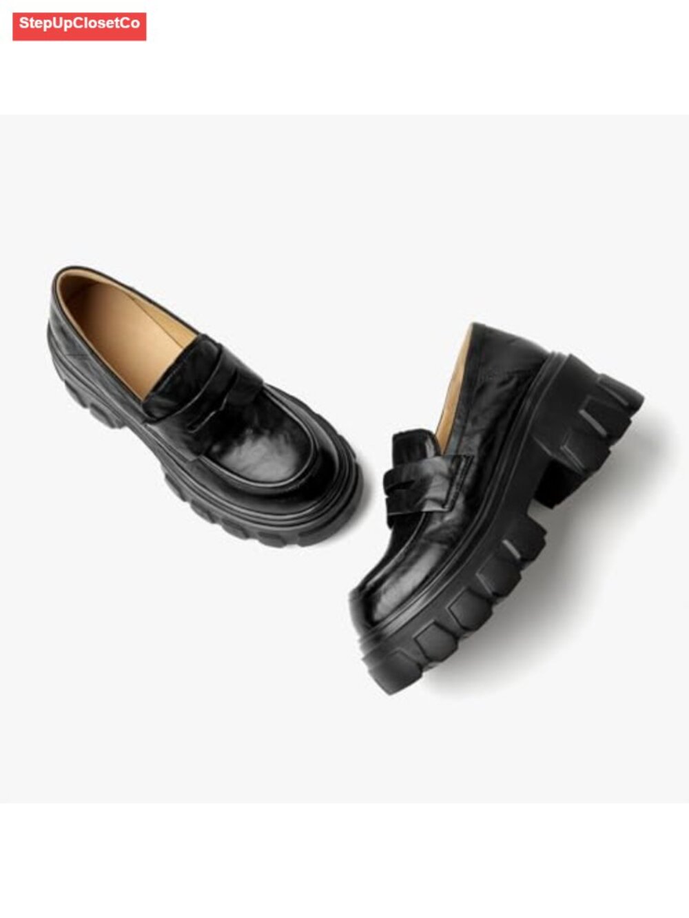 Women's 100% Cowhide Leather Platform Loafers Chunky Lug Sole - Picture 5 of 6